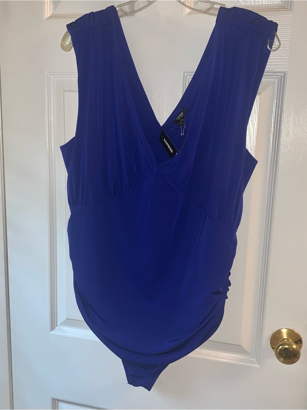EXPRESS Deep Double V-Neck/Back Ruched Royal Blue Sleeveless Bodysuit. NWT. XL